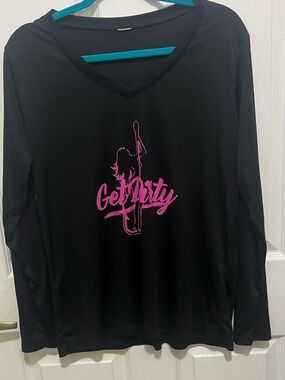 Black V-Neck Long Sleeve Tee with Pink 'Get Dirty' Graphic
